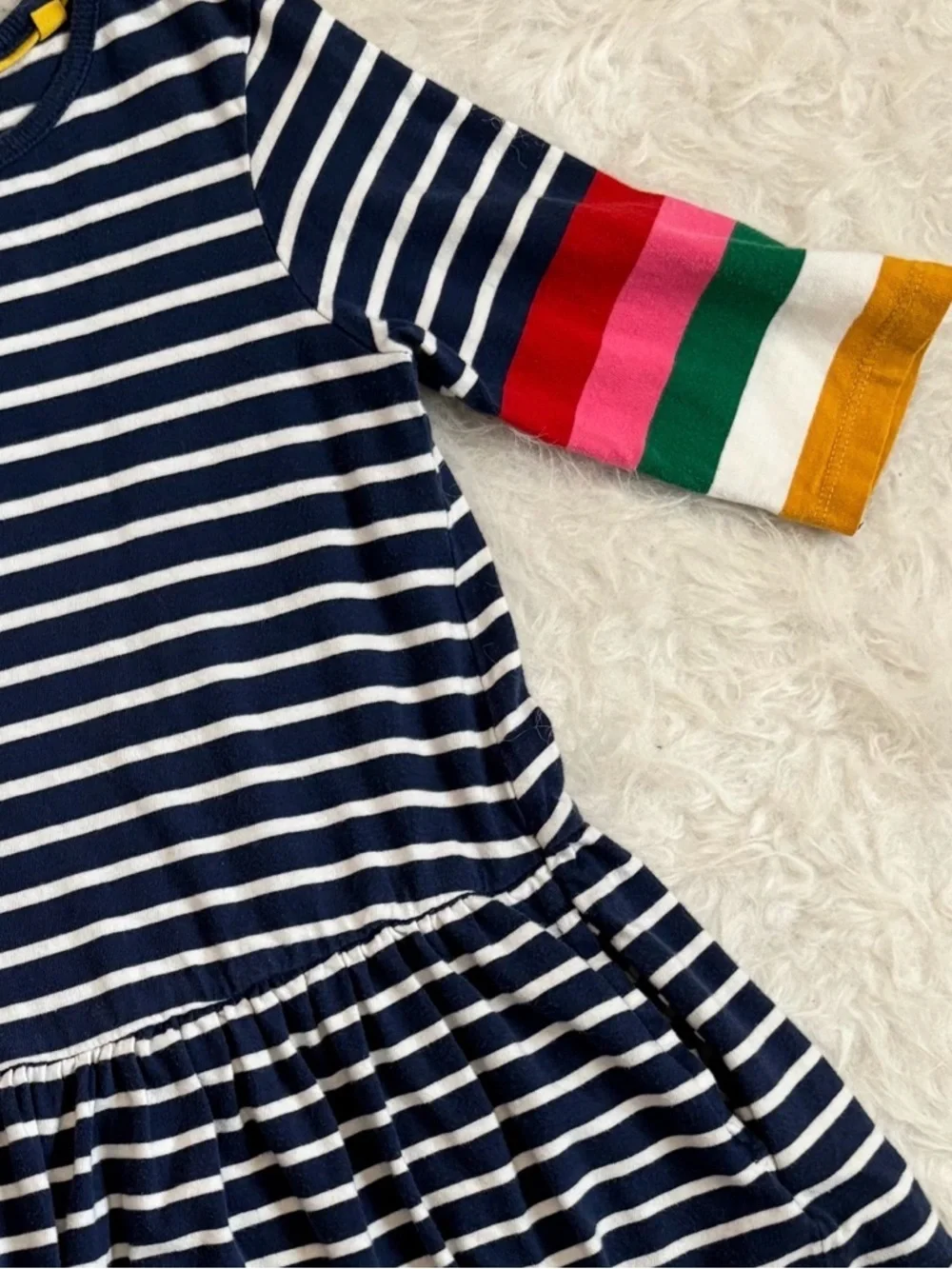 Mini Boden Navy & White Stripe Dress with Color-Block Rainbow 3/4 Sleeve Stripes